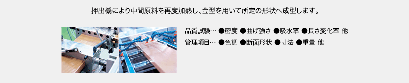 押出機により中間原料を再度加熱し、金型を用いて所定の形状へ成型します。