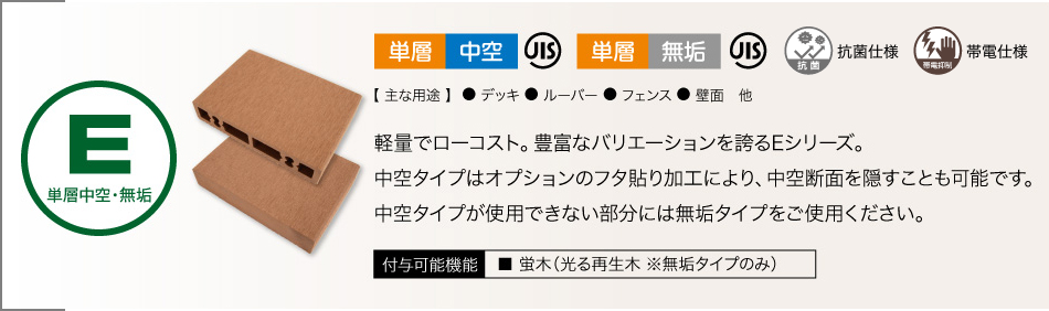 Eシリーズ：軽量でローコスト。豊富なバリエーションを誇るEシリーズ。中空タイプはオプションのフタ貼り加工により、中空断面を隠すことも可能です。中空タイプが使用できない部分には無垢タイプをご使用ください。