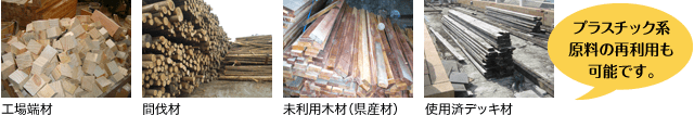 工場端材/間伐材/未利用木材/使用材デッキ材